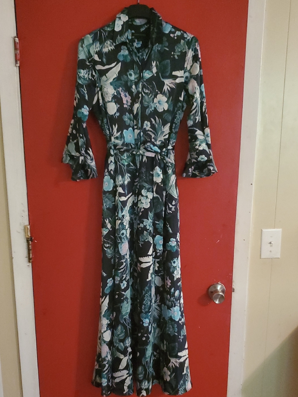 Banana Republic Teal Floral Maxi Shirt Dress Sz 2